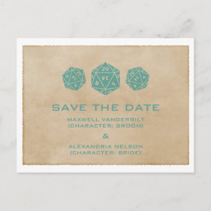 Carte Postale Faire-part Turquoise Grunge D20 Dice Gamer Enregistrer la dat