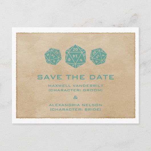 Carte Postale Faire-part Turquoise Grunge D20 Dice Gamer Enregistrer la dat (Devant)
