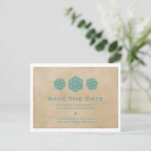 Carte Postale Faire-part Turquoise Grunge D20 Dice Gamer Enregistrer la dat (Debout devant)