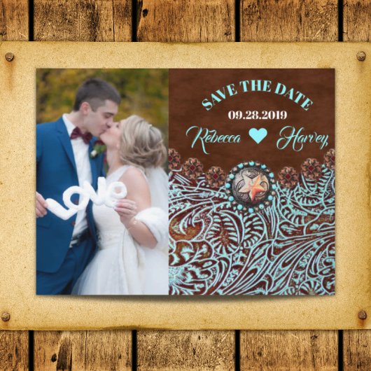 Carte Postale Faire-part turquoise marron western mariage save the date