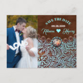 Carte Postale Faire-part turquoise marron western mariage save the date (Devant)