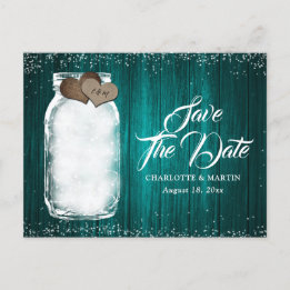 Carte Postale Faire-part Turquoise Mason Jar Mariage Rustique Bois Sauver L