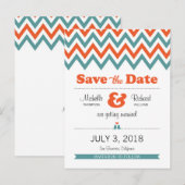 Carte Postale Faire-part Turquoise moderne & Orange Chevron & Lovebirds Mar (Devant / Derrière)