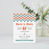 Carte Postale Faire-part Turquoise moderne & Orange Chevron & Lovebirds Mar (Debout devant)