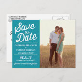 Carte Postale Faire-part Turquoise Retro Script Photo Enregistrer la date C (Devant / Derrière)