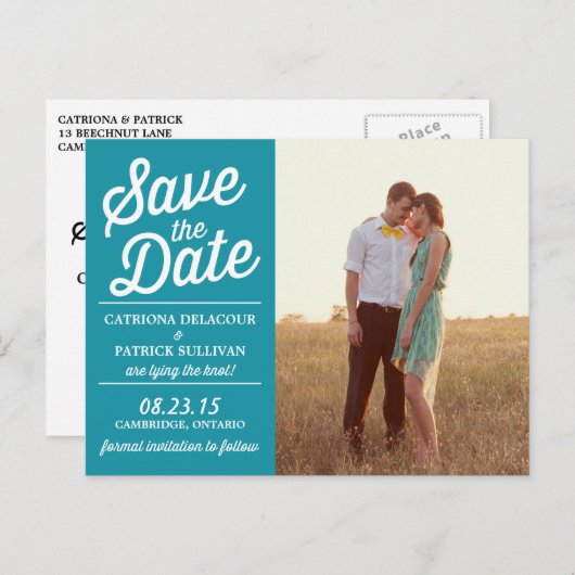 Carte Postale Faire-part Turquoise Retro Script Photo Enregistrer la date C (Devant / Derrière)