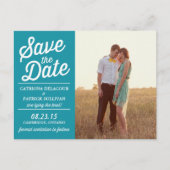 Carte Postale Faire-part Turquoise Retro Script Photo Enregistrer la date C (Devant)