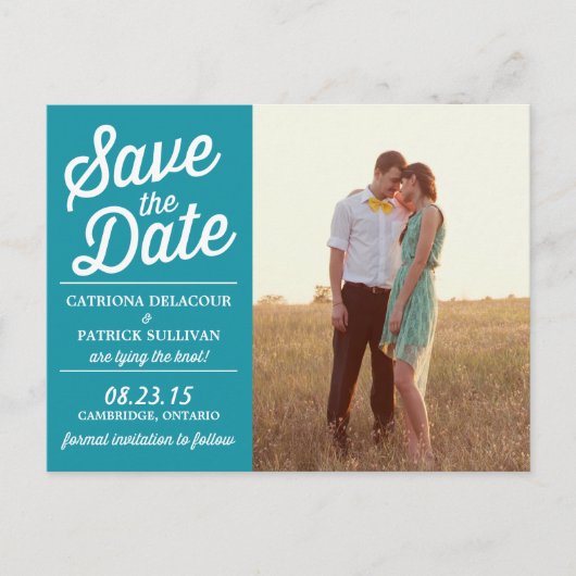 Carte Postale Faire-part Turquoise Retro Script Photo Enregistrer la date C (Devant)