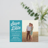 Carte Postale Faire-part Turquoise Retro Script Photo Enregistrer la date C (Debout devant)