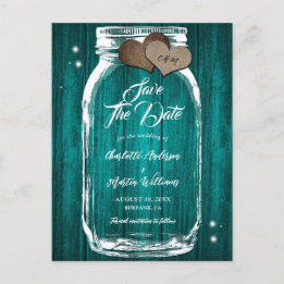 Carte Postale Faire-part Turquoise Rustique Mason Jar mariage en bois Enreg