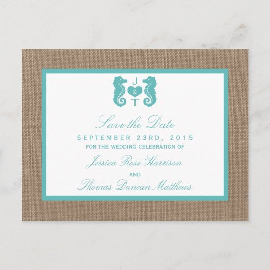 Carte Postale Faire-part Turquoise Seahorse Burlap Beach Wedding Collection (Devant)