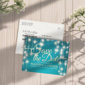 Carte Postale Faire-part Turquoise String Lights Gold Script Enregistrer la