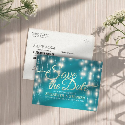 Carte Postale Faire-part Turquoise String Lights Gold Script Enregistrer la