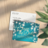 Carte Postale Faire-part Turquoise String Lights Gold Script Enregistrer la