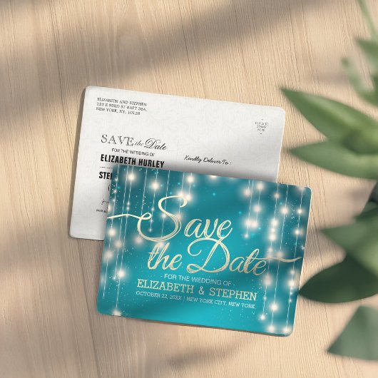 Carte Postale Faire-part Turquoise String Lights Gold Script Enregistrer la