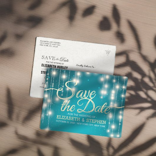 Carte Postale Faire-part Turquoise String Lights Gold Script Enregistrer la