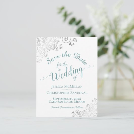Carte Postale Faire-part Turquoise sur fond blanc Mariage Argent Enregistre (Debout devant)