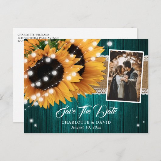 Carte Postale Faire-part Turquoise Tournesol Chaîne Lumières Mariage Photo (Devant / Derrière)