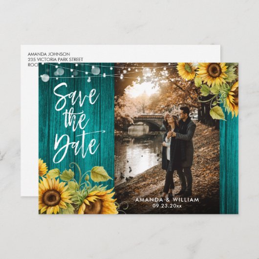 Carte Postale Faire-part Turquoise Tournesol Mariage Photo Enregistrer La D (Devant / Derrière)