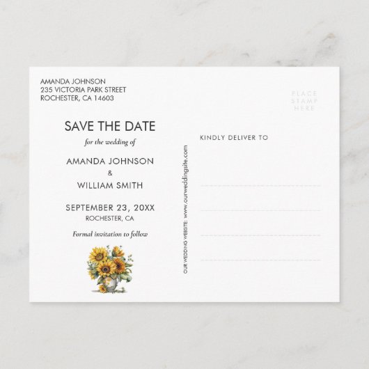 Carte Postale Faire-part Turquoise Tournesol Mariage Photo Enregistrer La D (Dos)