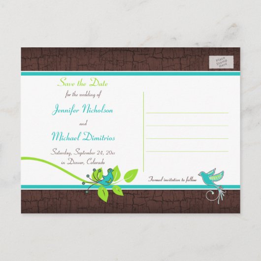 Carte Postale Faire-part Turquoise Vert Brun Floral Oiseaux Enregistrer la (Dos)