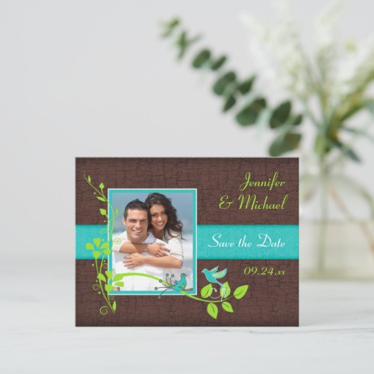 Carte Postale Faire-part Turquoise Vert Brun Floral Oiseaux Enregistrer la (Debout devant)