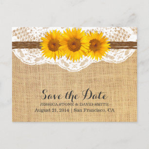 Carte Postale Faire-part Twine & Sunflower Lace Burlap Enregistrer la date