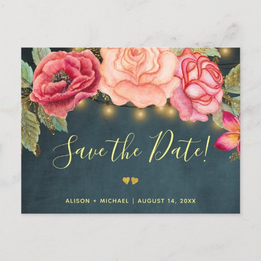 Carte Postale Faire-part Twinkles lumières marine blush rose mariage date d (Devant)