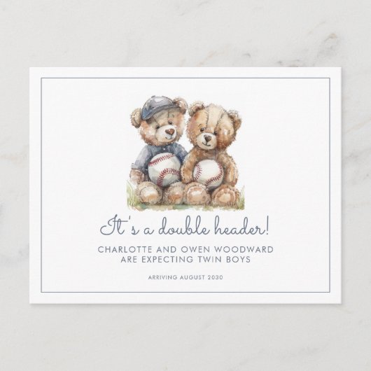 Carte Postale Faire-part Twins Watercolor Teddy Bears Pregnancy (Devant)