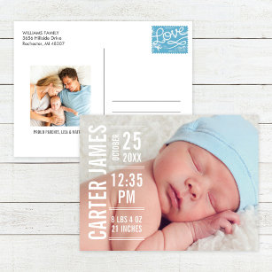 Carte Postale Faire-part Type moderne Baby Boy Photo Texte blanc Naissance