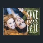 Carte Postale Faire-part Typographie à la main douce Photo Enregistrer la d<br><div class="desc">Cette photo rustique et fantaisiste sauvez la carte postale de date contient le texte "Save our date" écrit dans une belle typographie de style manuscrit. La conception recouvre une photographie à fond plein. Customisez avec vos détails mariages et votre photo préférée.</div>