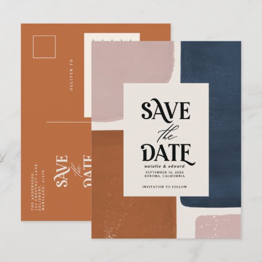 Carte Postale Faire-part Typographie abstraite moderne navy terracotta anno (Devant / Derrière)