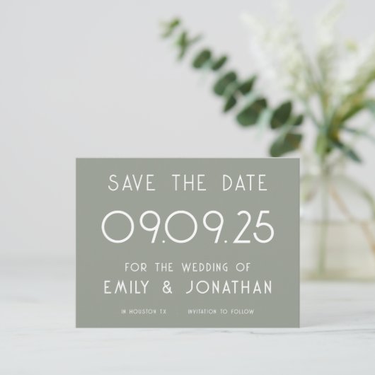 Carte Postale Faire-part Typographie blanche simple Mariage vert Sage (Debout devant)