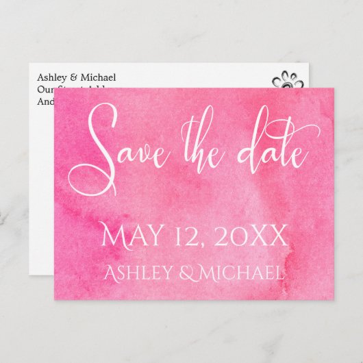 Carte Postale Faire-part Typographie de l'aquarelle rose chaud Enregistrer  (Devant / Derrière)