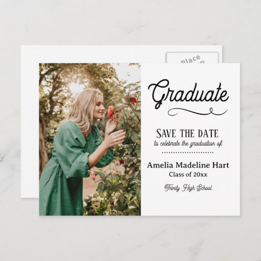 Carte Postale Faire-part Typographie Diplômé Moderne | Photo Enregistrer La (Devant / Derrière)