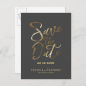 Carte Postale Faire-part Typographie dorée moderne sur Save the Date gris f (Devant / Derrière)