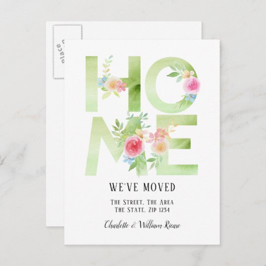 Carte Postale Faire-part Typographie Florale Nous Avons Déménagé (Devant / Derrière)