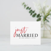 Carte Postale Faire-part Typographie manuscrite rouge moderne juste marié (Debout devant)