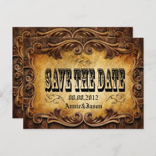 Carte Postale Faire-part typographie mariage campagnard occidental enregist (Devant / Derrière)