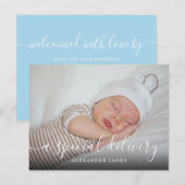 Carte Postale Faire-part Un bébé garçon spécial photo scénario naissance (Devant / Derrière)