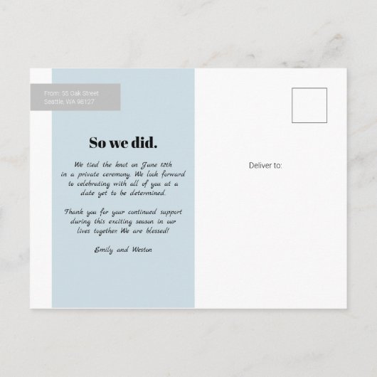 Carte Postale Faire-part Un bon jour pour Elope Photo (Dos)