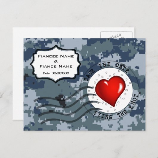 Carte Postale Faire-part USN Marine Sauvegarder la Date et le Cœur (Devant / Derrière)