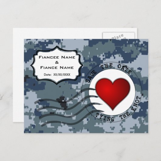 Carte Postale Faire-part USN Navy Sauvez la date et le coeur (Devant / Derrière)