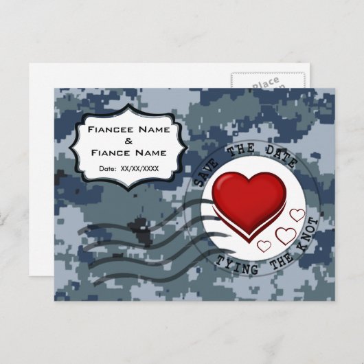 Carte Postale Faire-part USN Navy Sauvez la date et les coeurs (Devant / Derrière)