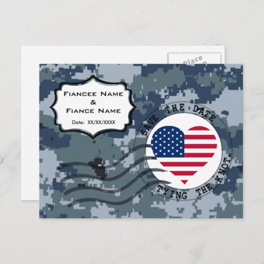 Carte Postale Faire-part USN Navy Save the Date & American Heart (Devant / Derrière)