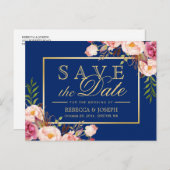 Carte Postale Faire-part (USPS) Fleurs roses or bleu marine Save the Date (Devant / Derrière)