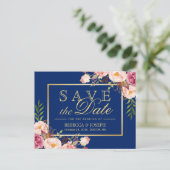 Carte Postale Faire-part (USPS) Fleurs roses or bleu marine Save the Date (Debout devant)