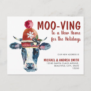 Carte Postale Faire-part Vache Moo-ving Nouvelle maison pour Noël Vacances