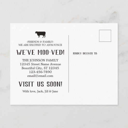 Carte Postale Faire-part Vache simple drôle nous avons déménagé nouvelle ad (Dos)