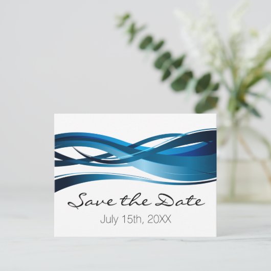 Carte Postale Faire-part Vagues Bleues Mariage Moderne Enregistrer la Date (Debout devant)
